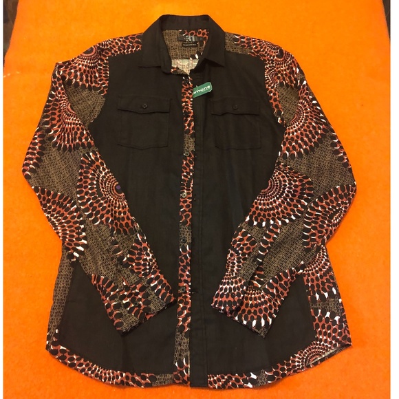 Black & brown mandalas 100% linen shirt NWT - Picture 1 of 8